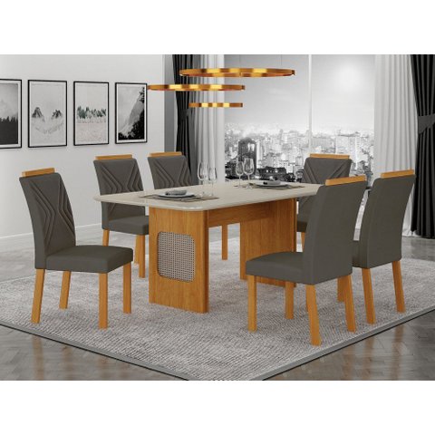 Conjunto Sala de Jantar Lara 1,60m com 6 Cadeiras Clara Plus Cinamomo/Off White/Joli Chumbo