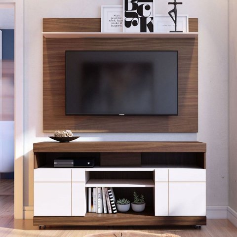Rack com Painel para Tv até 55 Polegadas Bello 2 Portas Nogueira Real/off White - Pnr Móveis