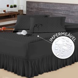 Kit Protetor de Colchão Casal Padrão e 2 Porta Travesseiro Impermeável + Saia Box Preto - 1