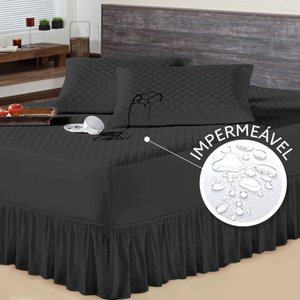 Kit Protetor de Colchão Casal Padrão e 2 Porta Travesseiro Impermeável + Saia Box Preto