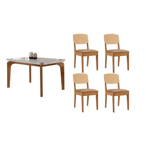 Conjunto: Mesa Sala Jantar Londrina Tampo c/ Vidro Curvo 120cm+4 Cadeiras Havana Naturale/Off White