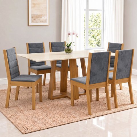 Conjunto Sala de Jantar Mesa Lisa 160cm Tampo MDF Canto Reto 6 Cadeiras Evelin