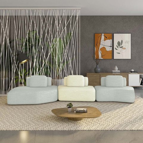 Sofá Ilha Sala de Estar Dakota 3 Módulos 454cm Encostos Almofadas Soltas Linho Cinza/OffWhite G33 - 