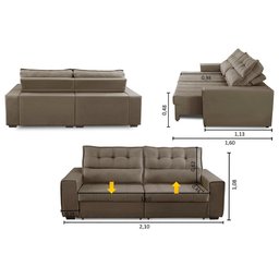 Sofá Retrátil e Reclinável 3 Lugares com Molas 2,10m Dani Suede Cappuccino Adonai Estofados - 2