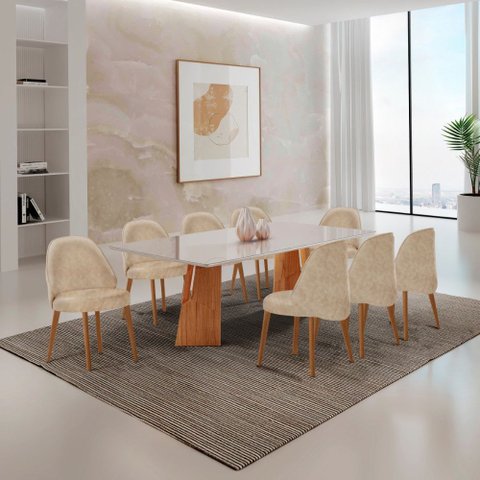 Sala de Jantar Mesa Florida 220cm Tampo Laqueado com Vidro e 8 Cadeiras Suiça
