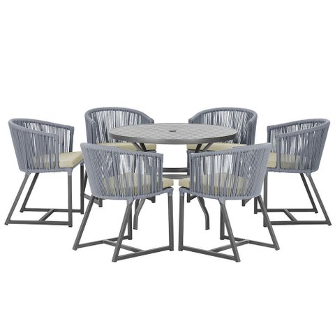 Mesa com 6 Cadeiras de Jantar Roma 120cm e Noronha em Alumínio Preto Corda Náutica Estofado 7 Trama
