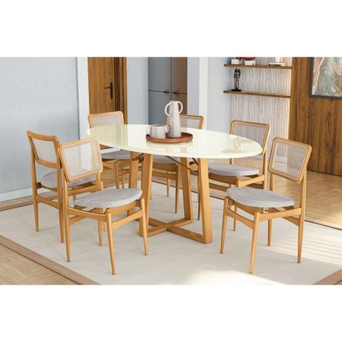 Conjunto Mesa Elma Premium Madeira Maciça C/ Tampo Madeirado C/ Vidro 180x105cm e 6 Cadeiras Stela