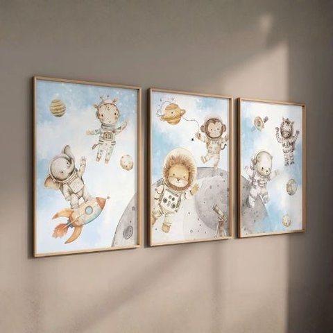 Kit 3 Quadros Decorativos Infantil - Safari Astronauta NO2 - 40x60 - Moldura Madeira