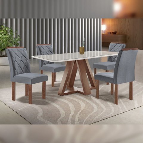 Mesa Kyra 120CMX90CM 4 Cadeiras Arthus Tampo Smart Plus Vidro Off White