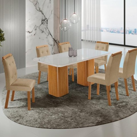 Conjunto Mesa de Jantar 180cm com 6 Cadeiras Estofadas Multimóveis Crrft-CON049 Madeirado/Off White