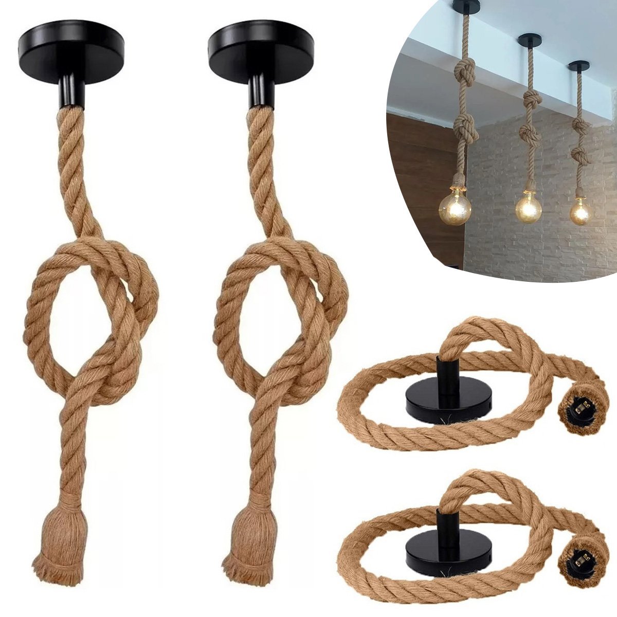 Luminaria Pendente Corda Sisal Retro Kit 4 Uni Vintage Decoraçao Iluminaçao Quarto Sala Recepçao Coz