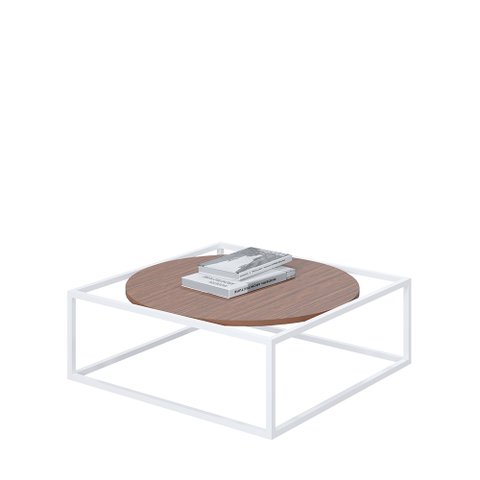 Mesa de Centro Sala 64x64x33cm Aço Branco e Madeira Industrial Moon Don Castro Decor