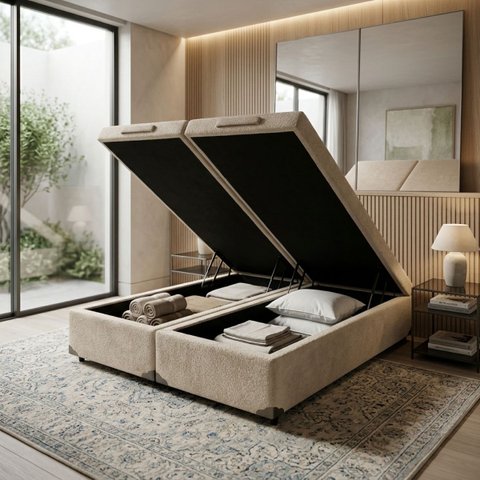 Base Baú Queen Size (158x198) Bipartida com Puxadores em Madeira – Revestimento em Linho Exclusi