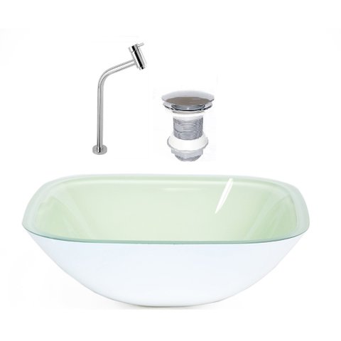 CUBA DE VIDRO QUADRADA 35CM BRANCO + VALVULA + TORNEIRA METAL
