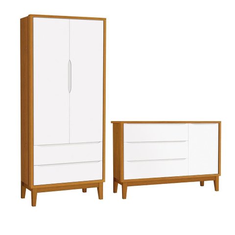Jogo de Quarto Infantil Guarda Roupa 2 Portas e Cômoda 1 Porta Classic Branco/Savana com Pés