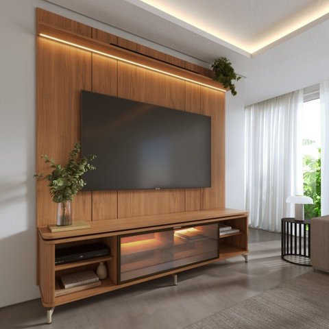 Rack com Painel para TV até 85 Polegadas Vidro Reflecta 100% MDF com LED Lincoln Float 215cm Canella