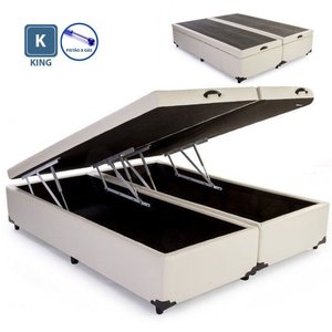 Base Box Baú King Size Sintético Com Pistão A Gás Bege Bipartido - 193x203:BEGE