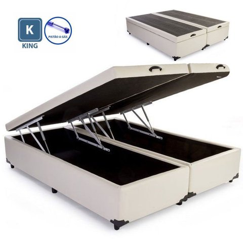 Base Box Baú King Size Sintético Com Pistão A Gás Bege Bipartido - 193x203:BEGE