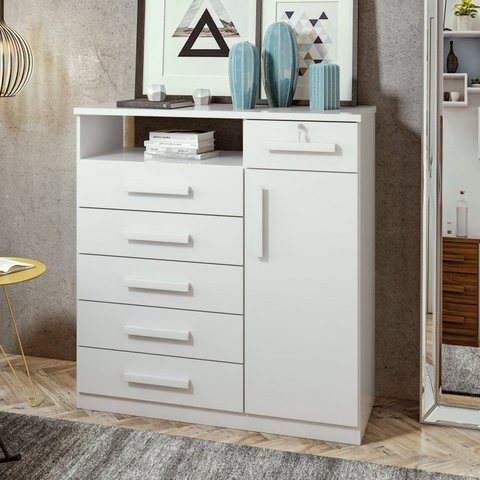 Cômoda para Quarto 6 Gavetas 1 Porta com Chave Estilo Moderno da Vinci 111cm Branco