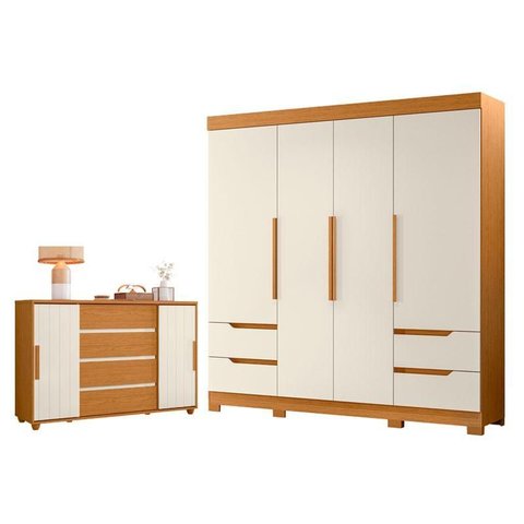 Guarda Roupa Solteiro Vivacce 04 Portas e Cômoda Evidenza Cinamomo Off White Flex - Móveis