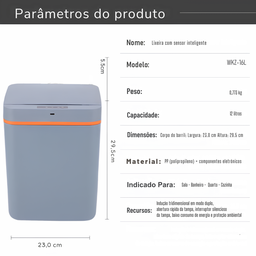 Lixeira Automática Sensor Inteligente 12l sem Toque Carregamento Usb Abertura Rápida e Silenciosa - 2