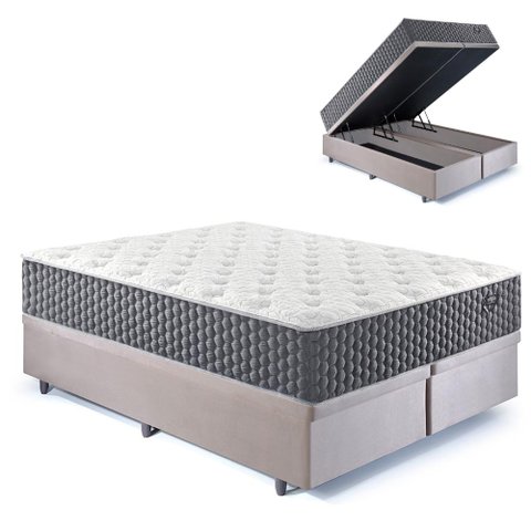 Base Box Baú Queen Bipartido 158x198 Suede com Colchão Relax Fresh Molas Ensacadas