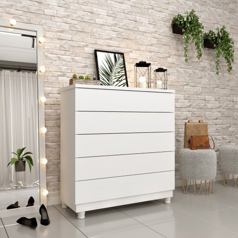 Cômoda Premium com Pés e 5 Gavetas:neve