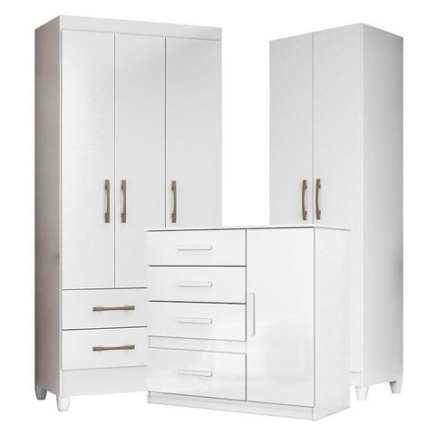 Guarda Roupa Infantil Lima com Cômoda Vênus e Armário Multiuso New Íris Branco Brilho – Moval