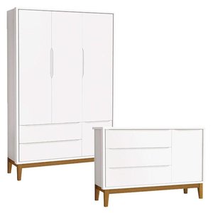 Cômoda Infantil e Guarda Roupa 3 Portas New Classic Branco com Pés Madeira - Reller