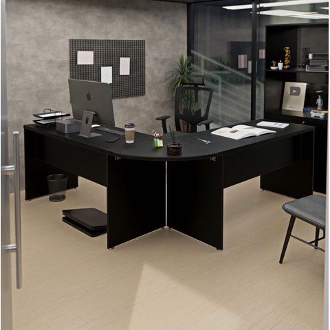 Mesa Escrivaninha em L Canto Arredondado 1400x600 Netmobil - Preto