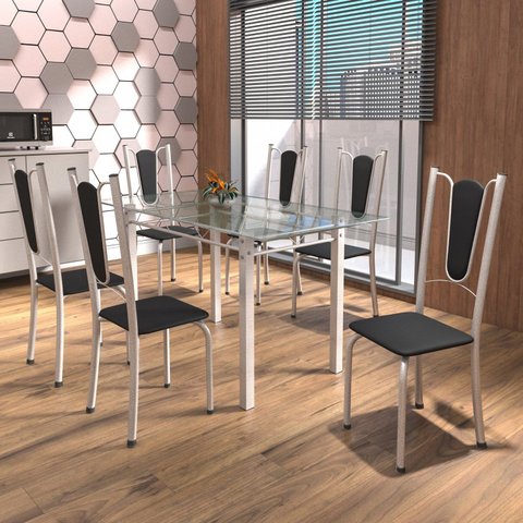 Conjunto de Mesa Tubular 6 Cadeiras 140cm com Tampo de Vidro Melissa Branco/Preto/Pérola