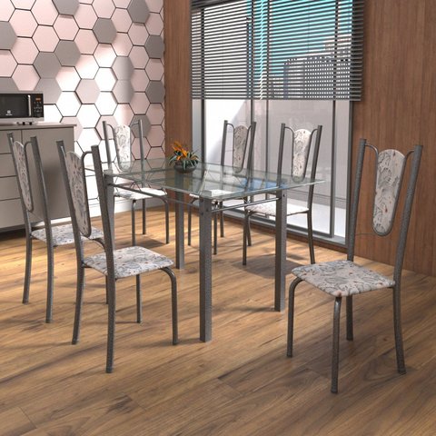 Conjunto de Mesa Tubular 6 Cadeiras 140cm com Tampo de Vidro Melissa Prata/Botanic Cinza