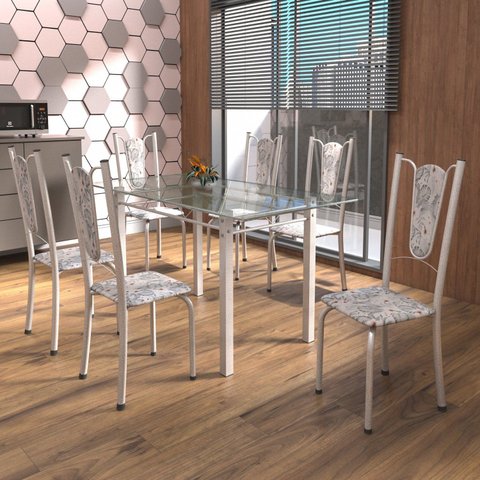 Conjunto de Mesa Tubular 6 Cadeiras 140cm com Tampo de Vidro Melissa Branco/Botanic Cinza/Pérola