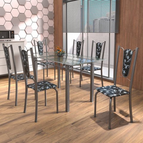Conjunto de Mesa Tubular 6 Cadeiras 140cm com Tampo de Vidro Melissa Prata/Paraopeba/Pérola