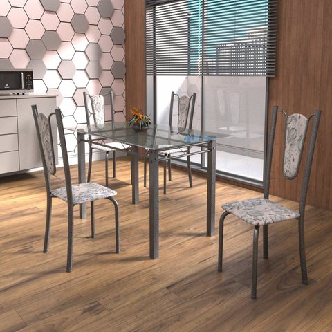 Conjunto de Mesa Tubular 4 Cadeiras 120cm com Tampo de Vidro Melissa Prata/Botanic Cinza