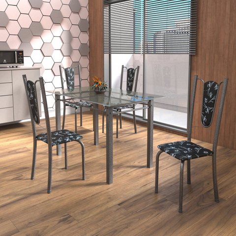 Conjunto de Mesa Tubular 4 Cadeiras 120cm com Tampo de Vidro Melissa Prata/Preto Floral