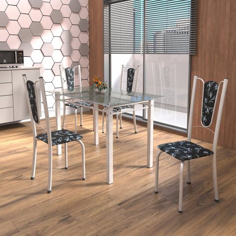Conjunto de Mesa Tubular 4 Cadeiras 120cm com Tampo de Vidro Melissa Branco/Preto Floral/Pérola