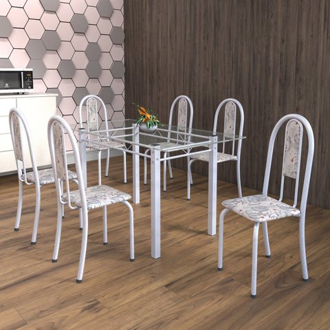 Conjunto de Mesa Tubular 6 Cadeiras 140cm com Tampo de Vidro Iris Branco/Botanic Cinza/Pérola