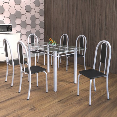 Conjunto de Mesa Tubular 6 Cadeiras 140cm com Tampo de Vidro Iris Branco/Preto/Pérola