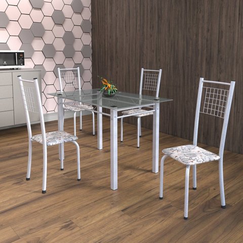 Conjunto de Mesa Tubular 4 Cadeiras 120cm com Tampo de Vidro Iza Branco/Botanic Cinza/Pérola