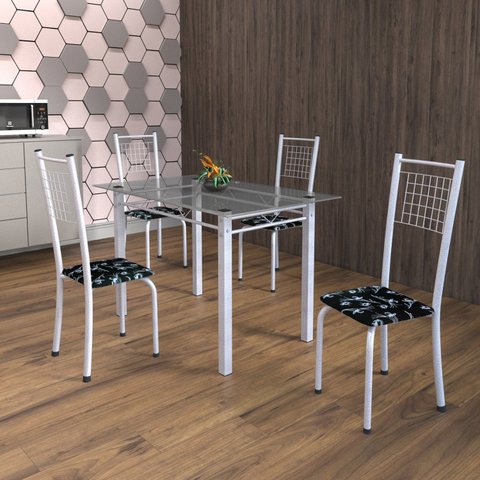 Conjunto de Mesa Tubular 4 Cadeiras 120cm com Tampo de Vidro Iza Branco/Preto Floral/Pérola