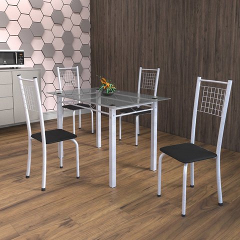 Conjunto de Mesa Tubular 4 Cadeiras 120cm com Tampo de Vidro Iza Branco/Preto/Pérola