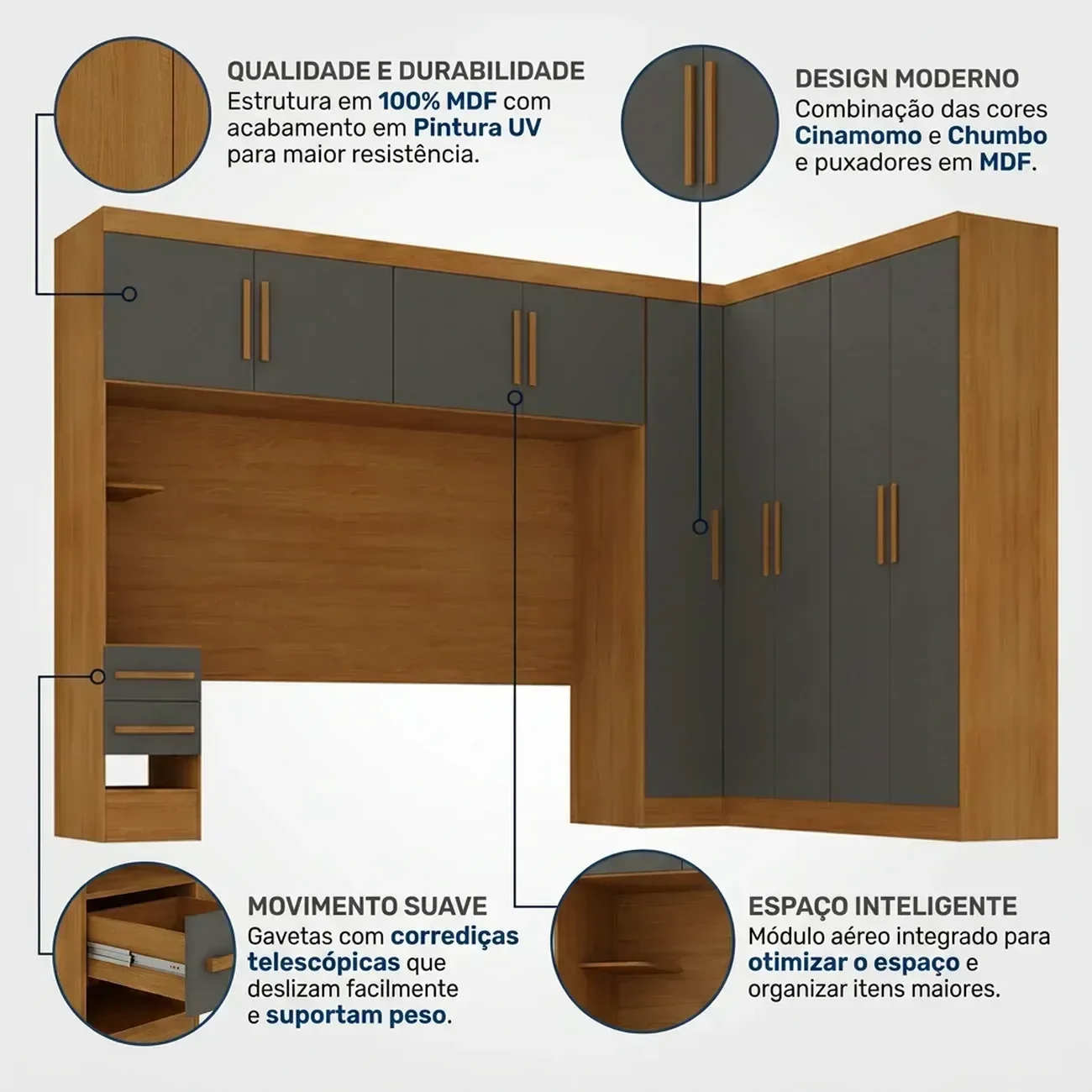 Ver imagem 5 de Guarda Roupa Casal Modulado 9 Portas 5 Gavetas com Cabeceira 100% MDF Imperial Yescasa Cinamomo/Chumbo