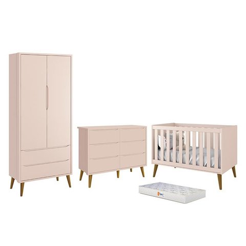 Dormitório Completo Infantil Theo 2 Portas, Cômoda 6 Gavetas, Berço Rosa Fosco com Pés Amadeirado e 