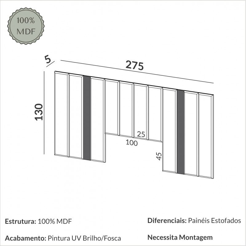 Cabeceira Estofada Queen Reta Basic J23 Freijó - Dalla Costa - 4