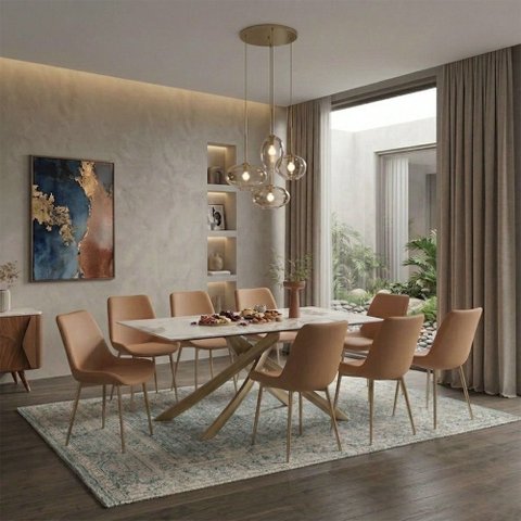 Conjunto Mesa de Jantar Lara 180cm Cerâmica Base Aço Carbono Bronze com 8 Cadeiras Pu - Caramelo