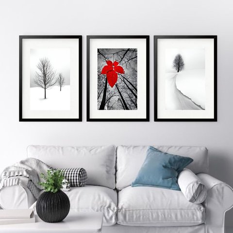 Kit 3 Quadros Grandes Outono Inverno - 60x48cm:moldura Preta