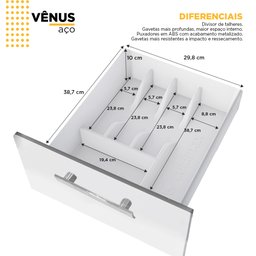 Gabinete de Cozinha para Pia 140 em Aço Vênus 3 Gavetas Branco/preto - Cozimax - 3