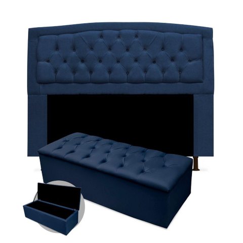 Kit Cabeceira Plus Calçadeira Azul Marinho 140cm Casal