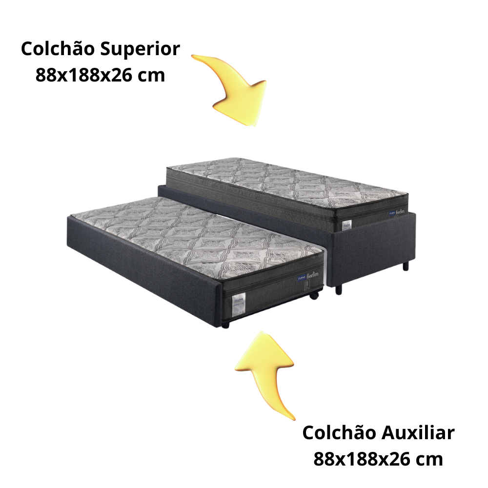 Bicama Box Solteiro Linho Cinza 88x188 com Dois Colchões Molas Ensacadas Berlim Preto Probel - 4